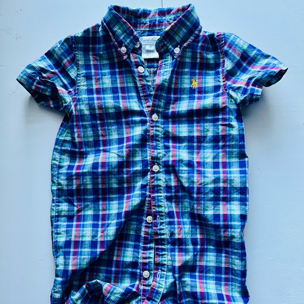 Ralph Lauren Blue tartan plaid button down onesie romper